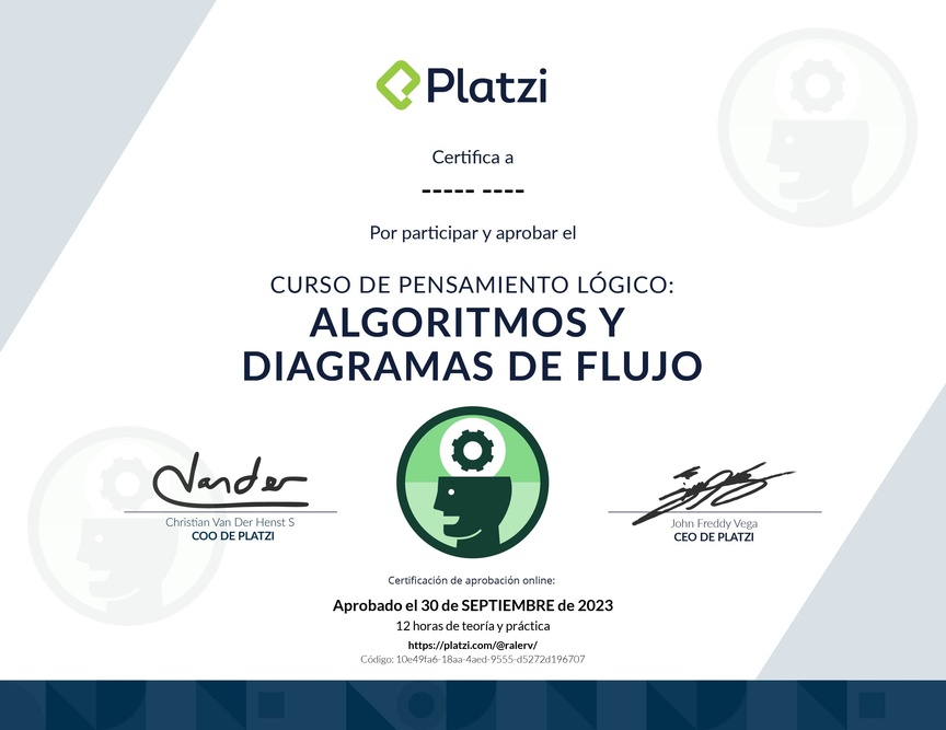 Diploma del Curso de Pensamiento Lógico: Algoritmos y Diagramas de Flujo