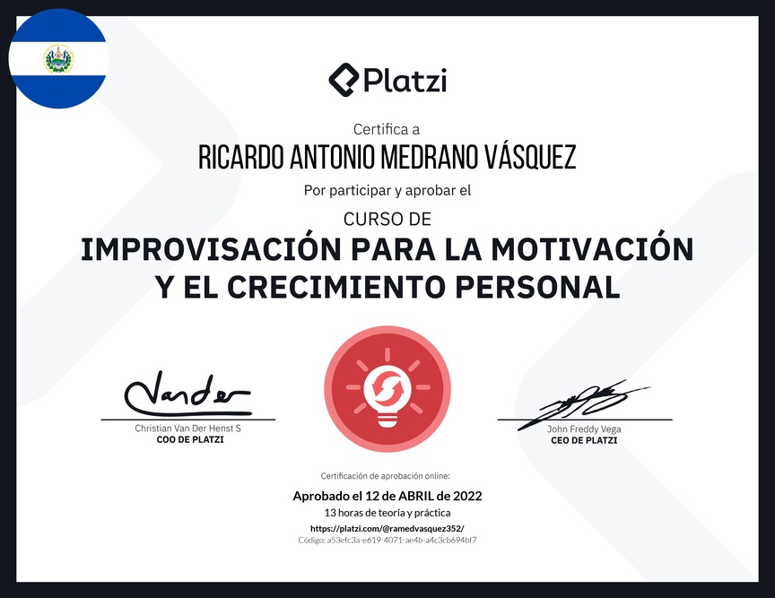 Diploma del Curso de Improvisación para la Motivación y el Crecimiento Personal