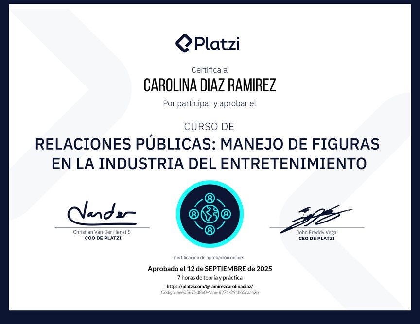 Diploma del Curso de Relaciones Públicas: Manejo de Figuras en la Industria del Entretenimiento