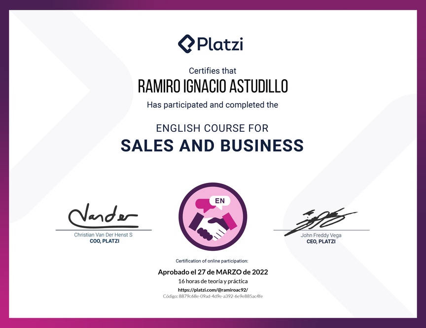 Diploma del Curso para Ventas y Negocios en Inglés (2020)