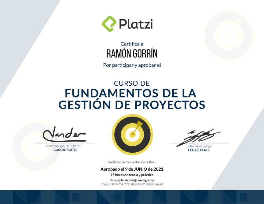 Diploma del Curso de Fundamentos de Gestión de Proyectos 2019