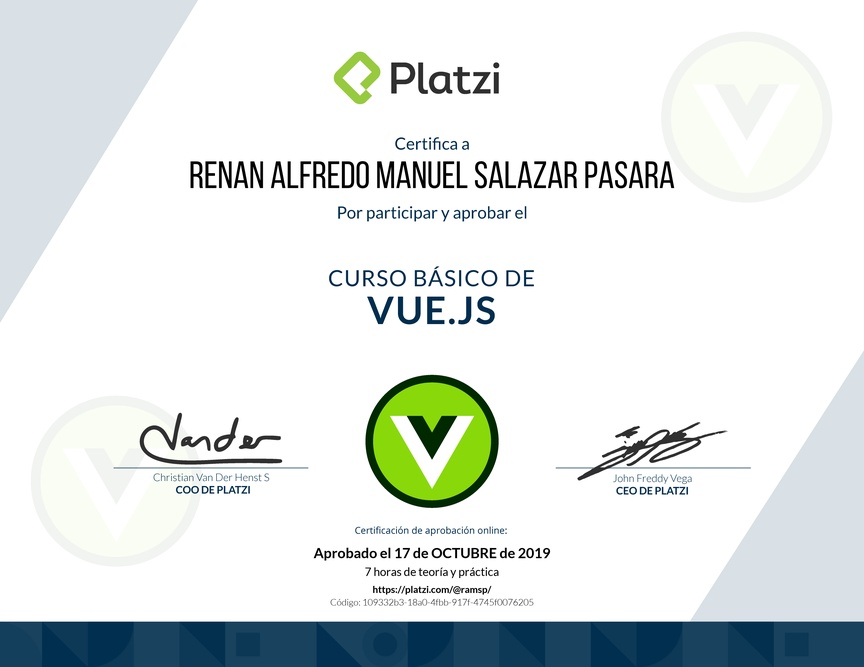 Diploma del Curso Básico de Vue.js 2016