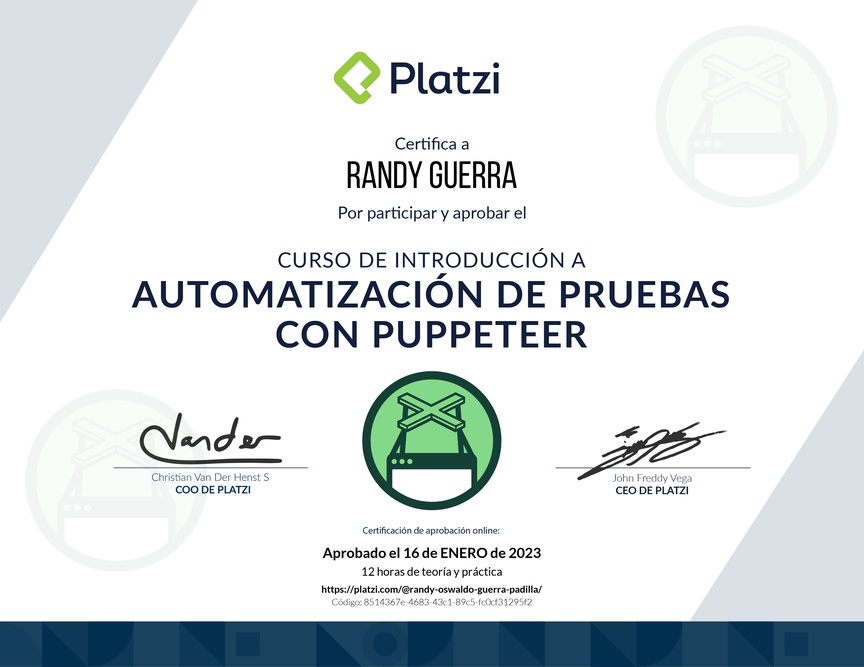 Diploma del Curso de Automatización de Pruebas con Puppeteer