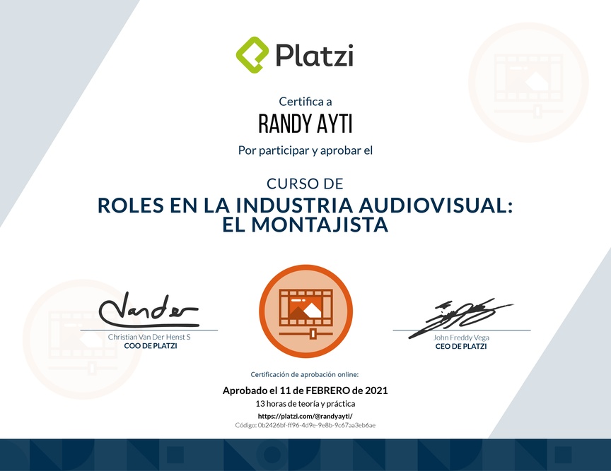 Diploma del Curso de Edición: Teoría de Montaje