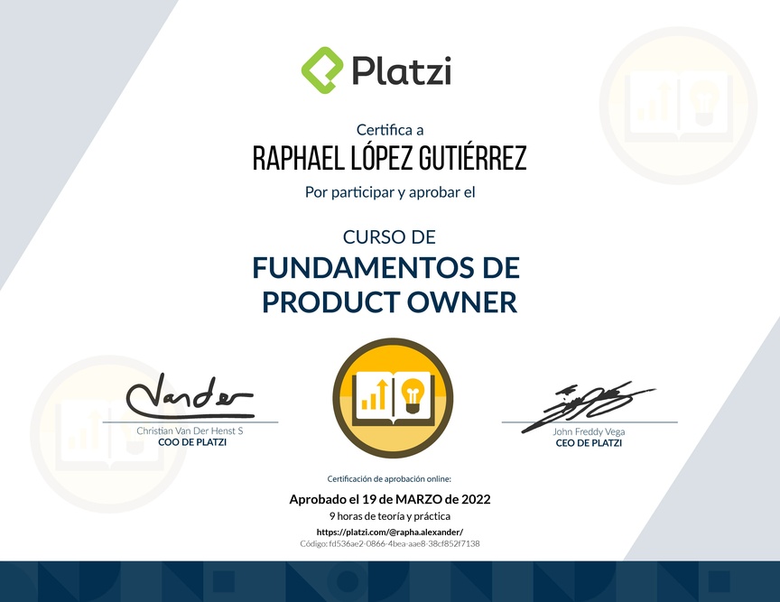 Diploma del Curso de Fundamentos de Product Owner