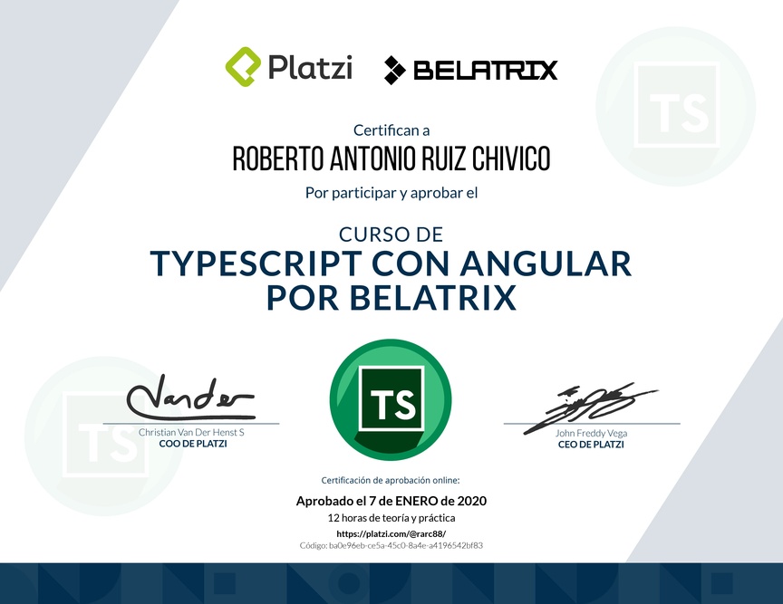 Diploma del Curso de TypeScript con Angular por Belatrix