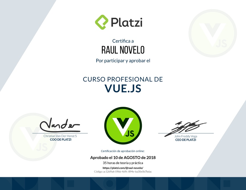 Diploma del Curso Profesional de Vue.js 2
