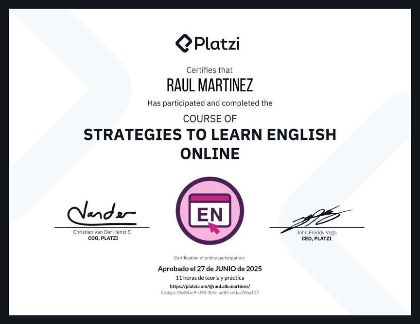 Diploma del Curso Gratis de Estrategias para Aprender Inglés en Línea