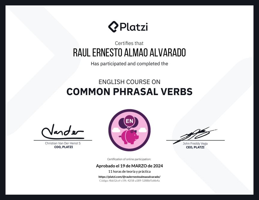 Diploma del Curso de Phrasal Verbs Comunes en Inglés
