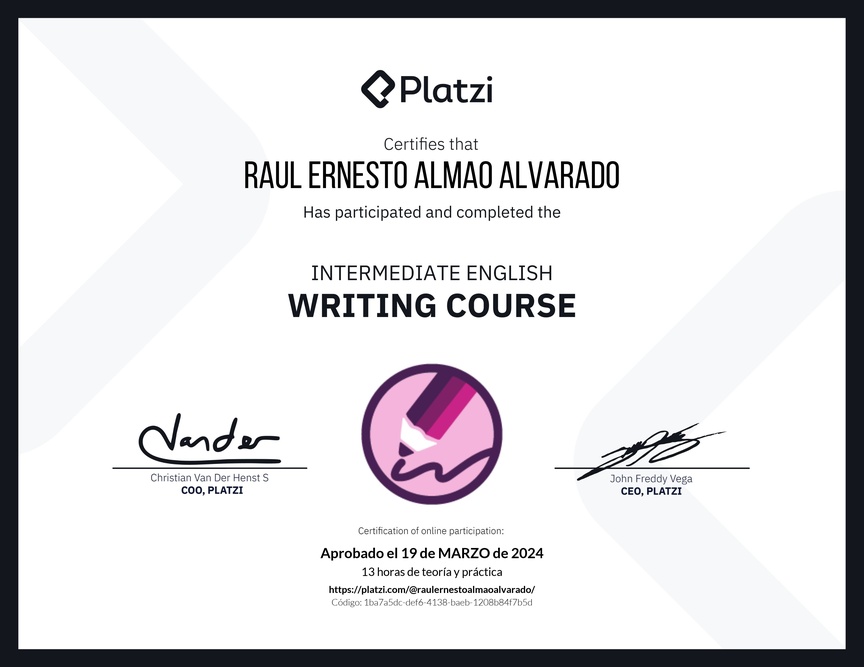Diploma del Curso Intermedio de Escritura en Inglés