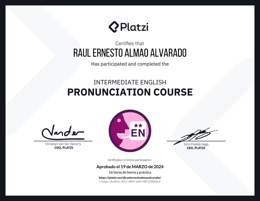 Diploma del Curso Intermedio de Pronunciación en Inglés