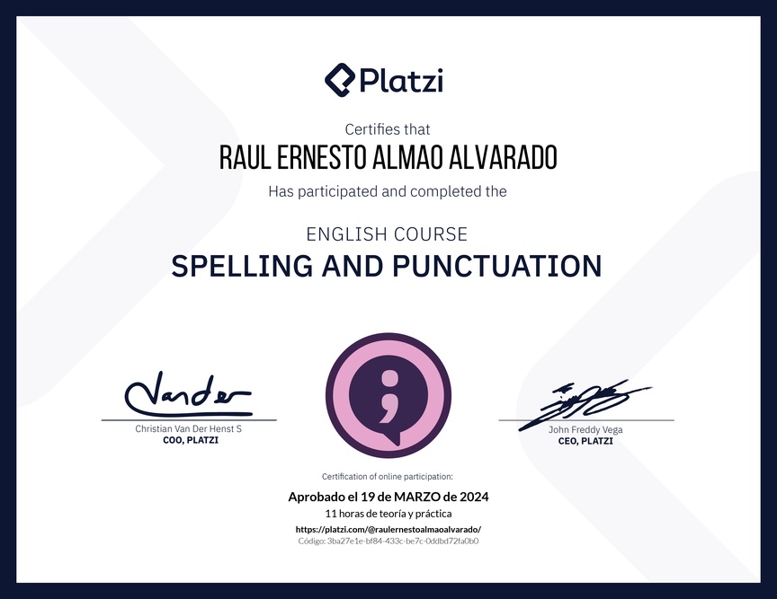 Diploma del Curso de Ortografía y Puntuación en Inglés