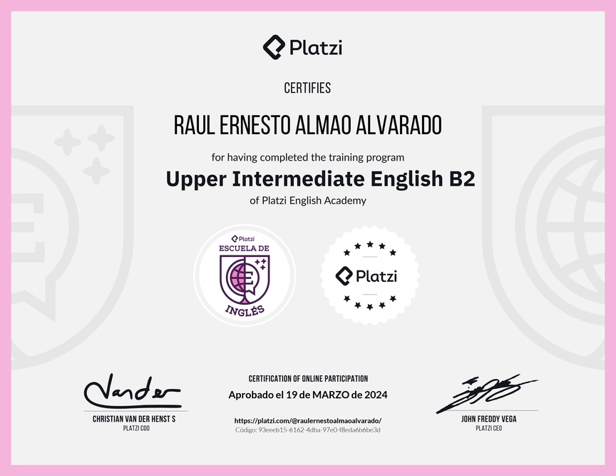Diploma de la Ruta de Aprendizaje de Inglés Intermedio Alto B2