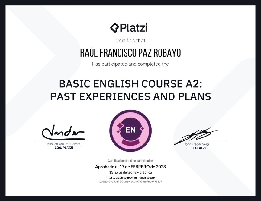 Diploma del Curso de Inglés Básico A2: Experiencias Pasadas y Planes