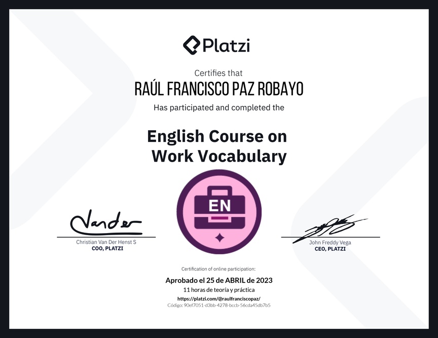 Diploma del Curso de Vocabulario en Inglés para el Trabajo