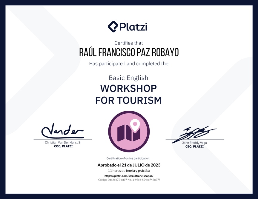 Diploma del Curso de Inglés Práctico para Viajes de Turismo