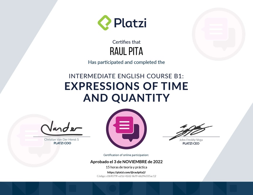 Diploma del Curso de Inglés Intermedio: Expresiones de Tiempo y Cantidad 2021