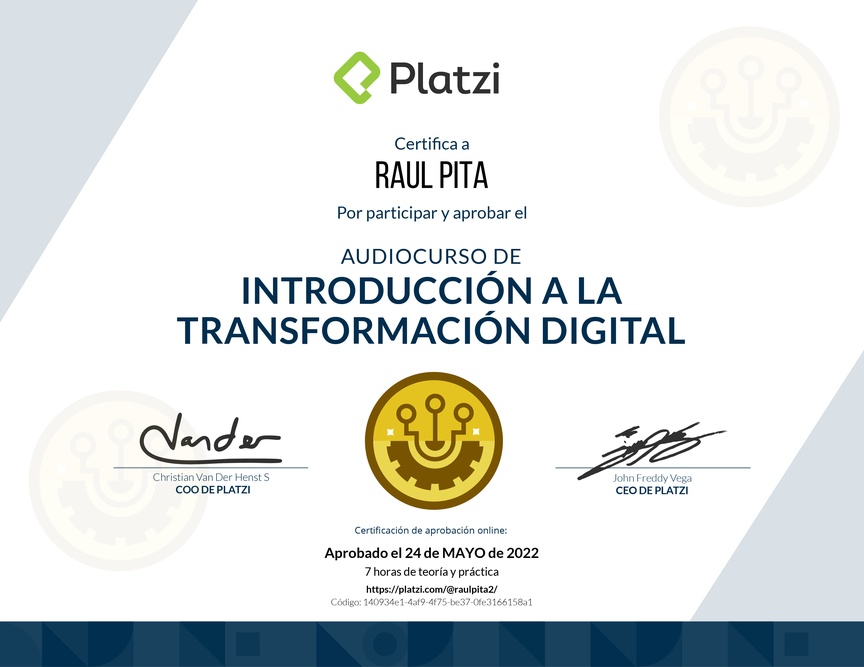 Diploma de Audiocurso de Transformacion Digital Inicial para Comprender, Identificar y Hacer Crecer tu Empresa