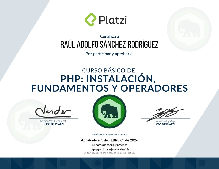 Diploma del Curso Básico de PHP: Instalación, Fundamentos y Operadores