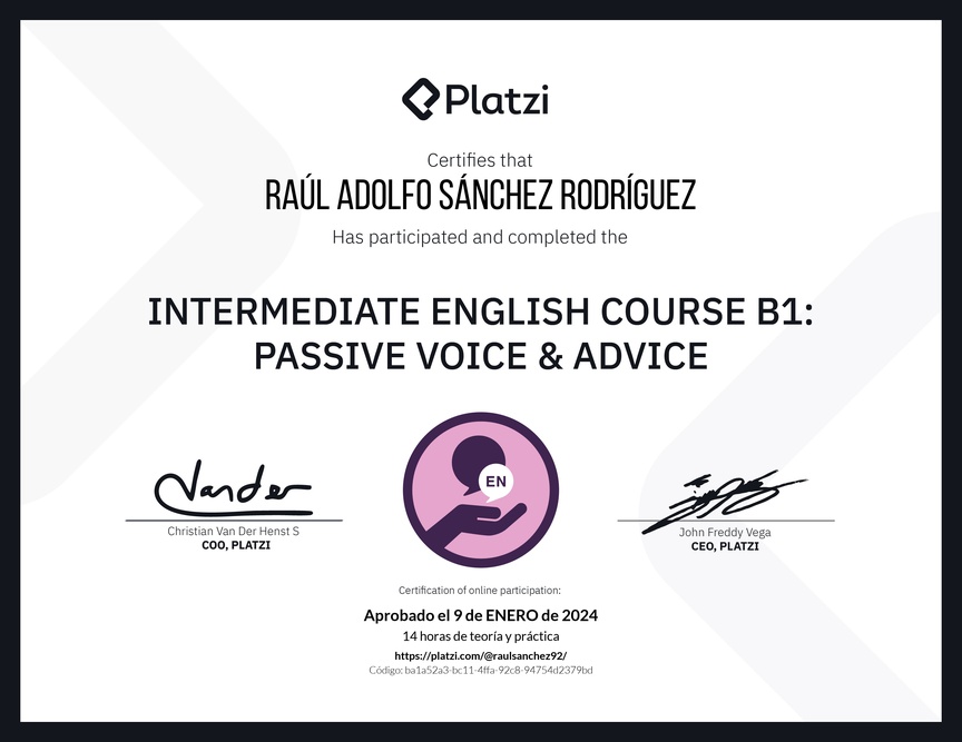 Diploma del Curso de Inglés Intermedio B1: Voz Pasiva y Consejos