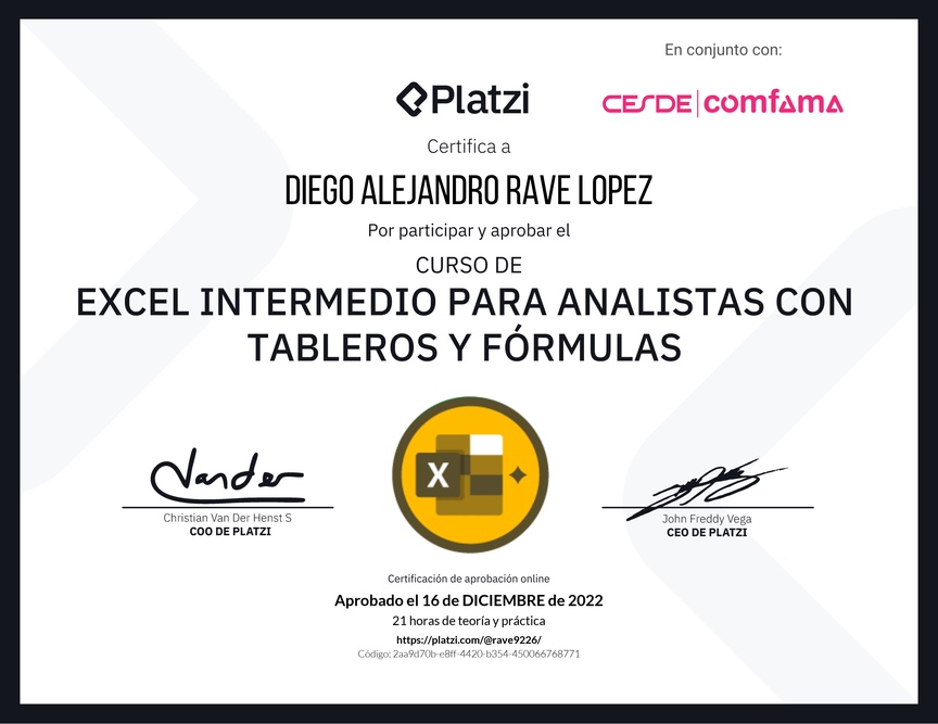 Diploma del Curso de Excel Intermedio para Analistas con Tableros y Fórmulas