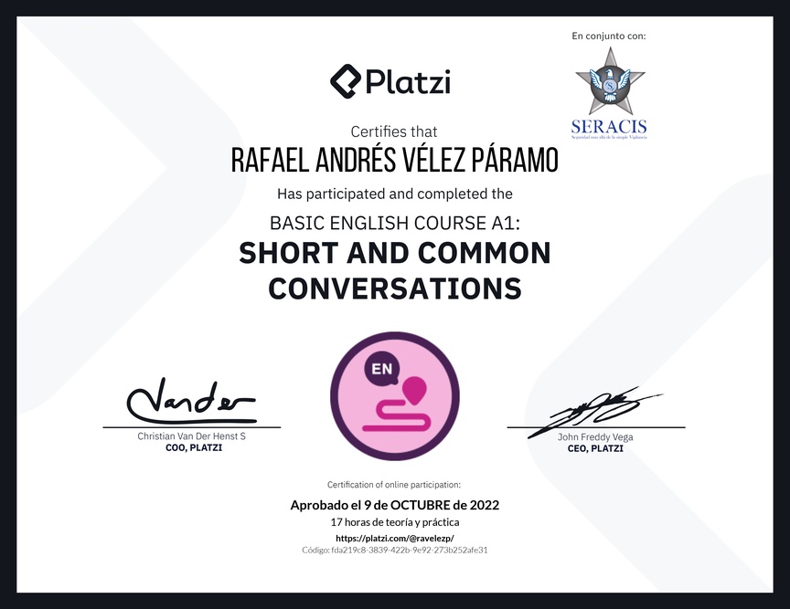 Diploma del Curso de Inglés Básico A1: Conversaciones Cortas y Habituales (2020)