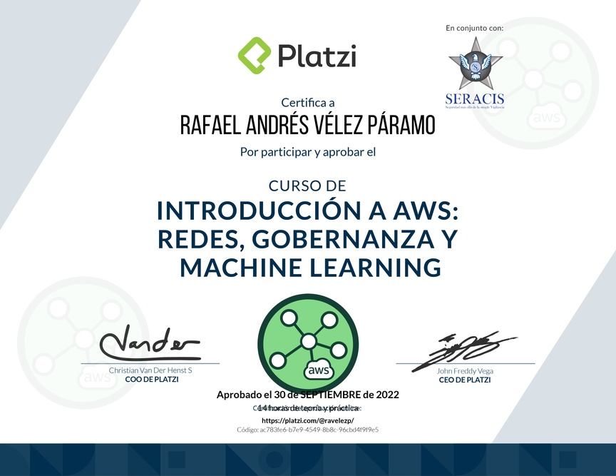 Diploma del Curso de Introducción a AWS: Redes, Gobernanza y Machine Learning