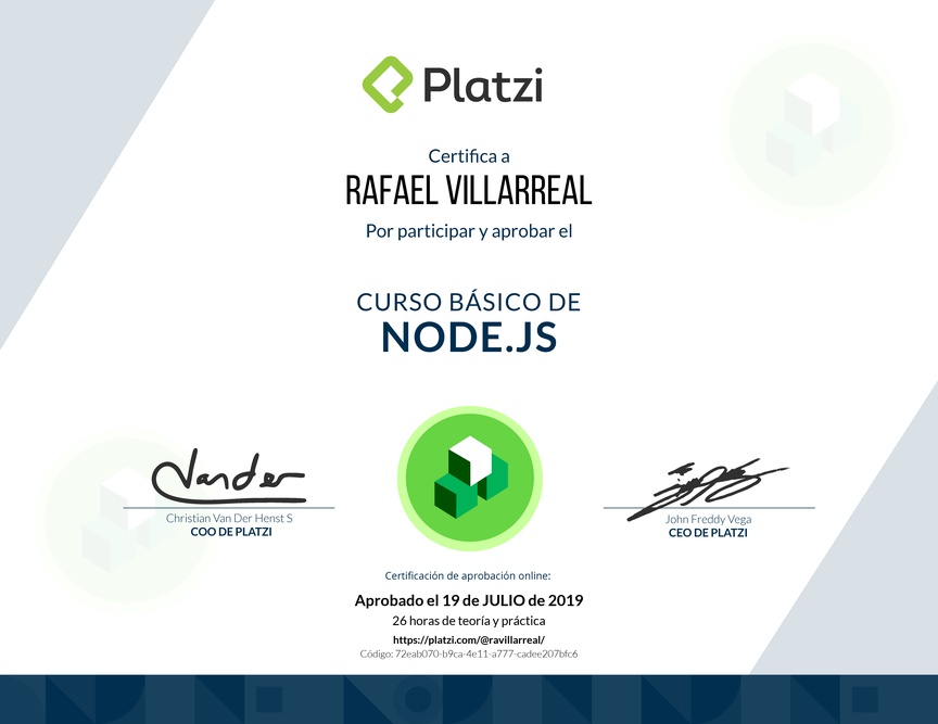Diploma del Curso Básico de Node.js 2018