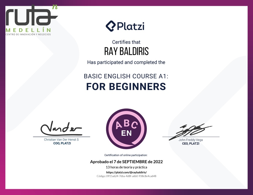 Diploma del Curso de Inglés Básico para Principiantes - (2022)