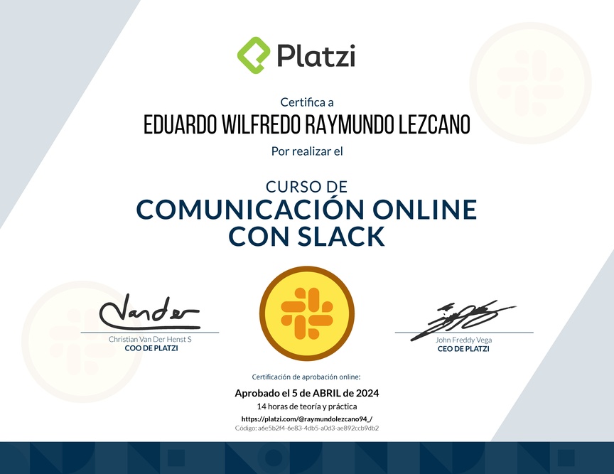 Diploma del Curso de Slack para Mejorar tu Comunicación Online