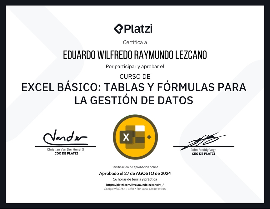 Diploma del Curso de Excel Básico: Tablas y Fórmulas para la Gestión de Datos
