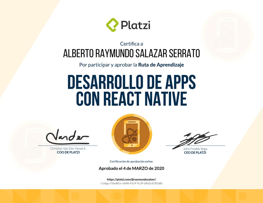 Diploma de la Ruta de Aprendizaje de Desarrollo de Apps con React Native
