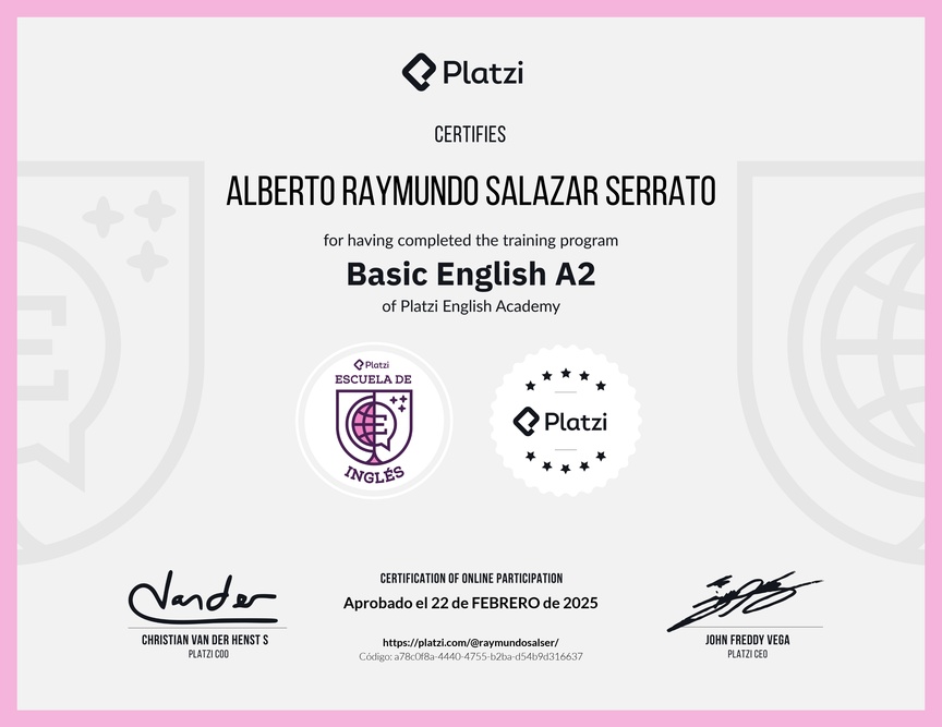 Diploma de la Ruta de Aprendizaje de Inglés Básico A2