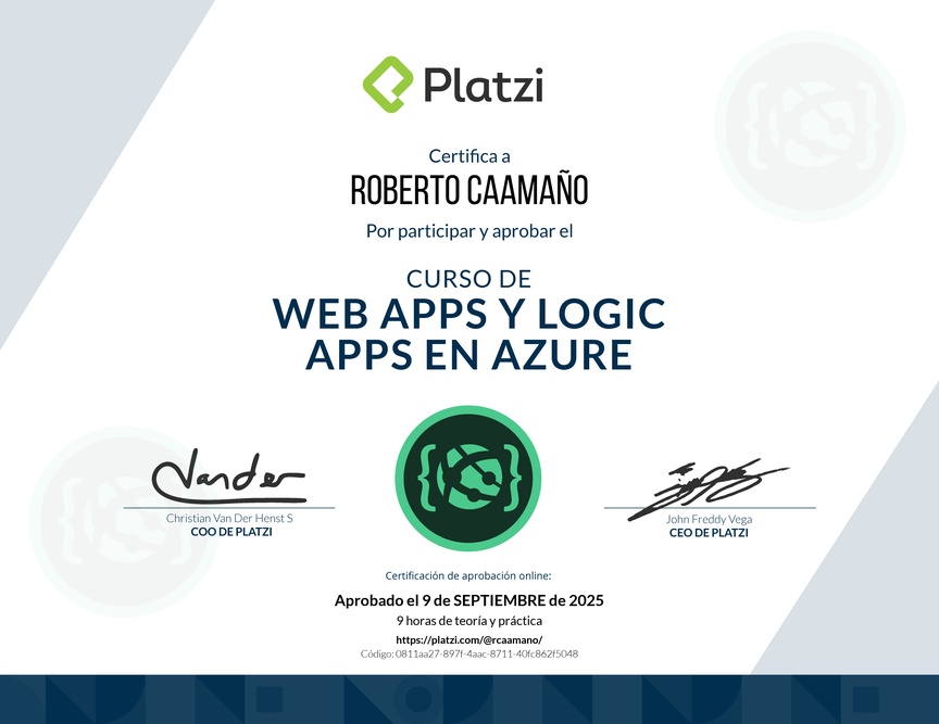 Diploma del Curso de Web Apps y Logic Apps en Azure