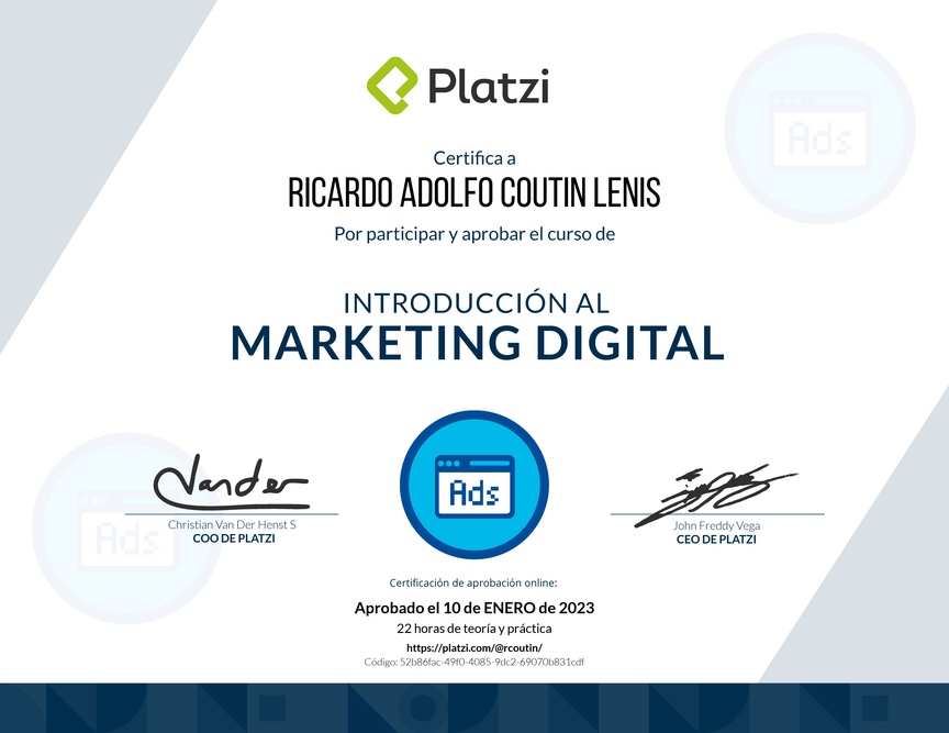 Diploma del Curso de Introducción al Marketing Digital (2022)