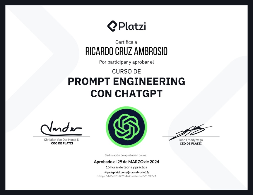 Diploma del Curso de Prompt Engineering con ChatGPT
