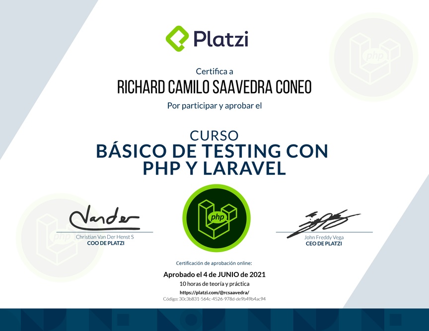 Diploma del Curso Básico de Testing con PHP y Laravel