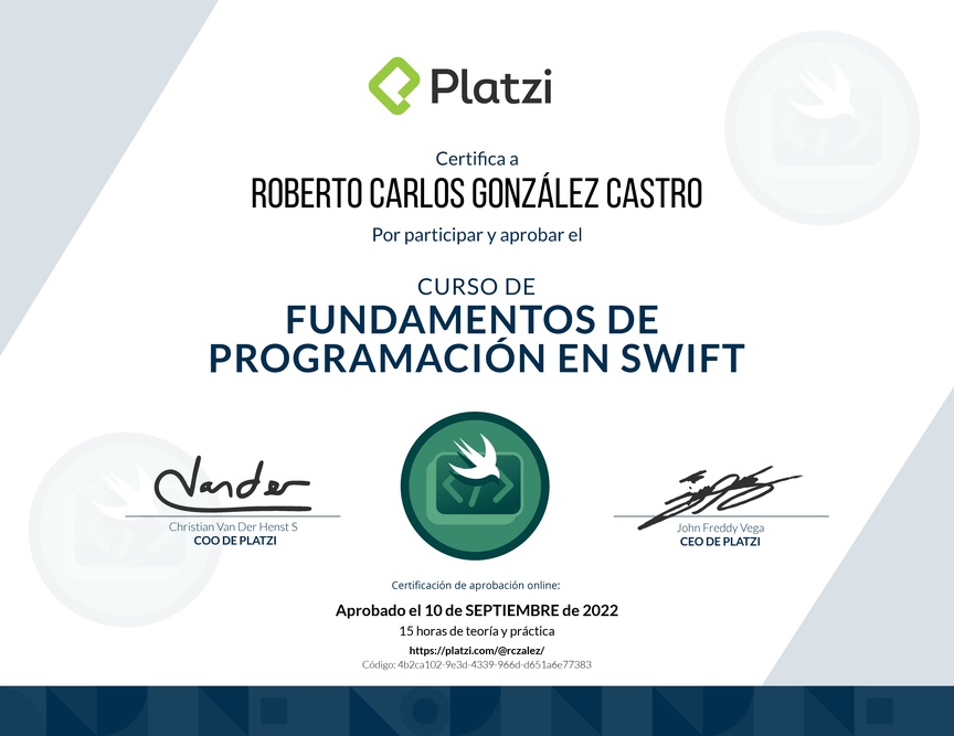 Diploma del Curso de Introducción a Swift (2019)