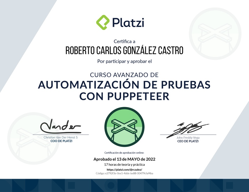 Diploma del Curso Avanzado de Automatización de Pruebas con Puppeteer