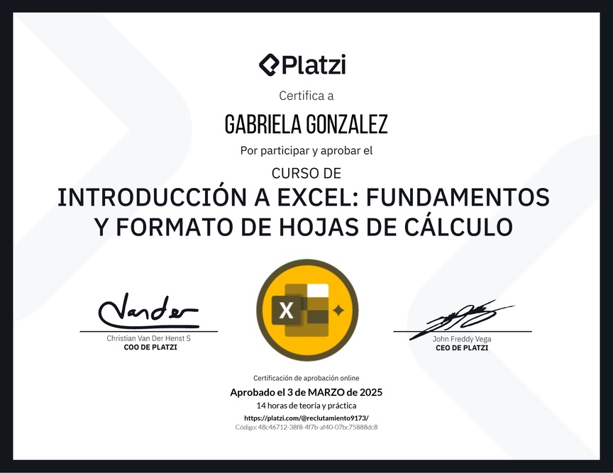 Diploma del Curso de Introducción a Excel para Principiantes: Fundamentos y Formato de Hojas de Cálculo