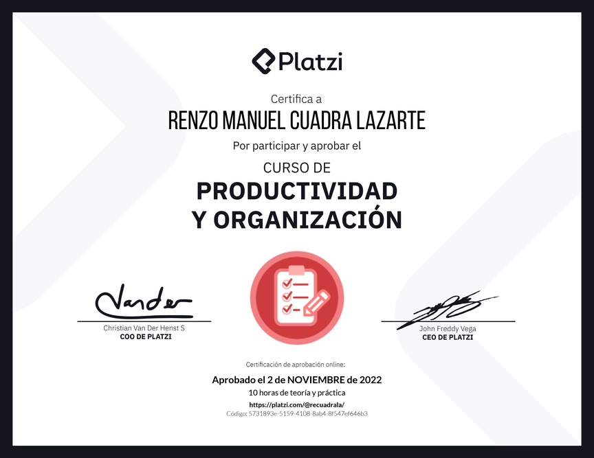 Diploma del Curso de Productividad y Organización