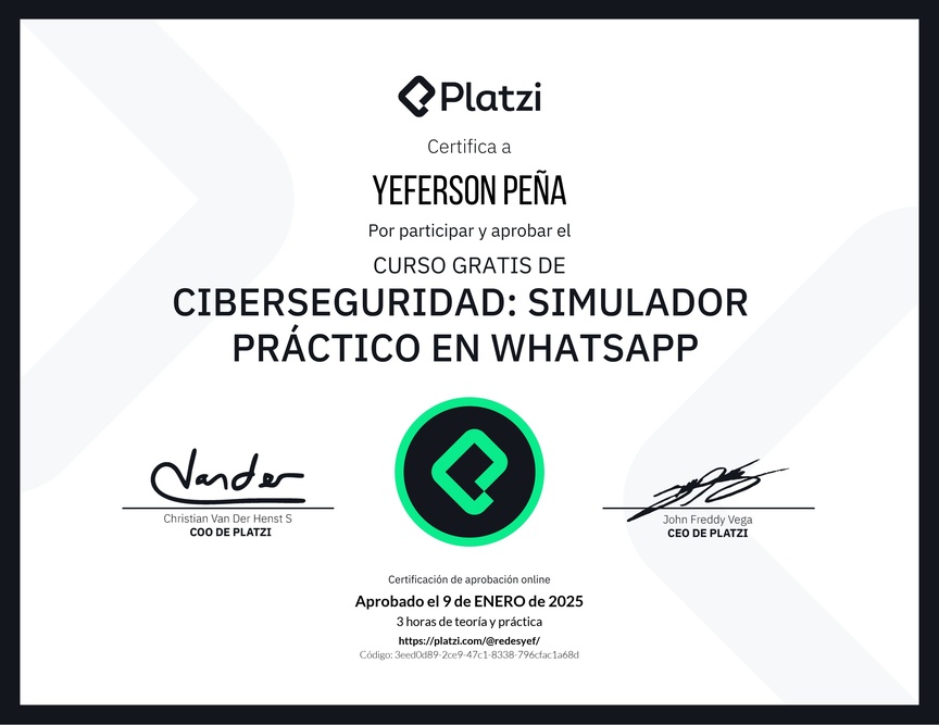 Diploma del Curso Gratis de Ciberseguridad: Simulador Práctico en WhatsApp