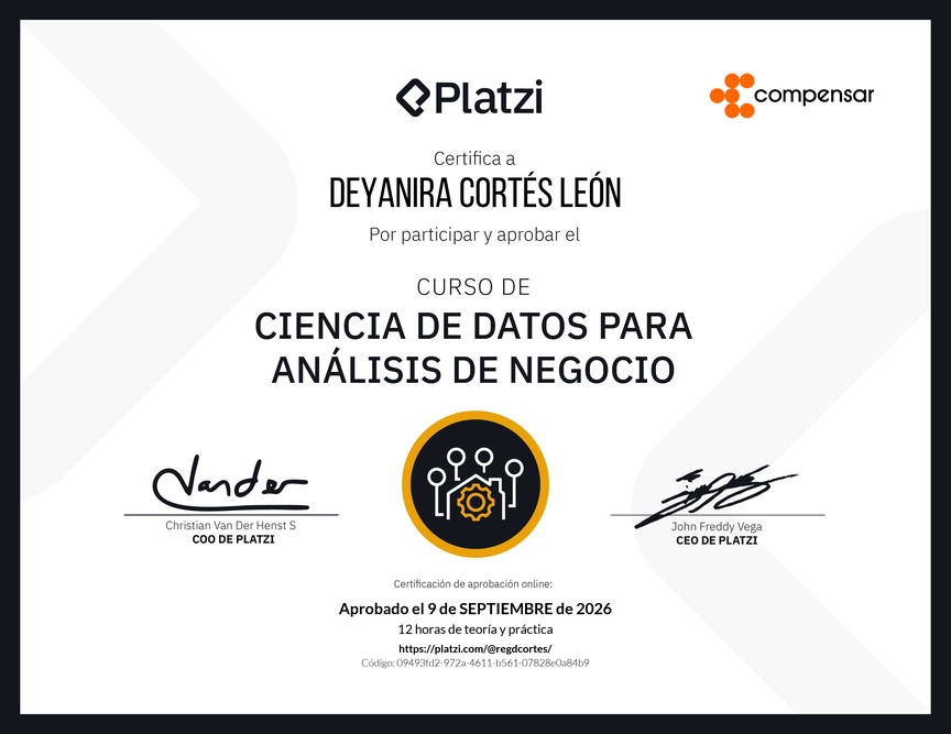 Diploma del Curso de Ciencia de Datos para Análisis de Negocio