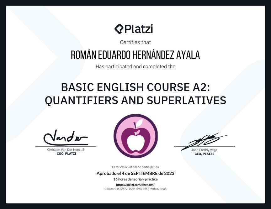 Diploma del Curso de Inglés Básico A2: Cuantificadores y Superlativos