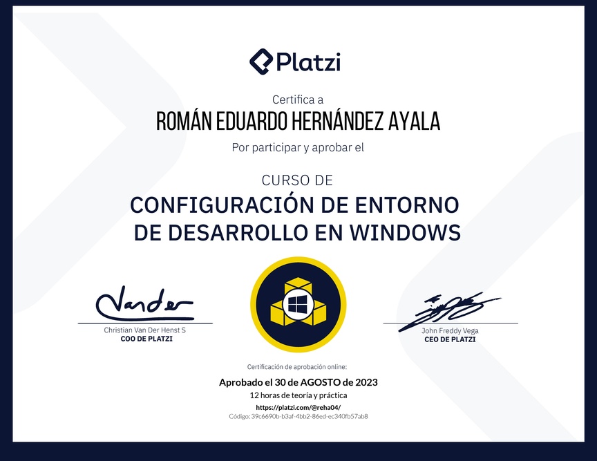 Diploma del Curso de Configuración de Entorno de Desarrollo en Windows