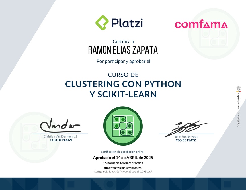 Perfil de @reimon-zq en Platzi | Diploma del Curso de Clustering con ...