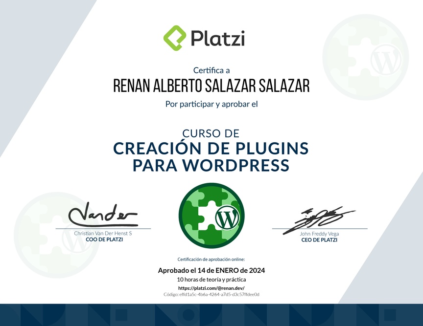 Diploma del Curso de Creación de Plugins para WordPress