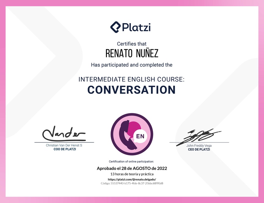 Diploma del Curso de Inglés Intermedio: Conversación 2020