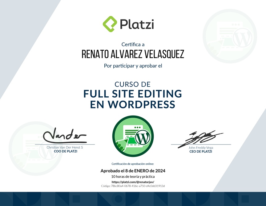 Diploma del Curso de Full Site Editing en WordPress
