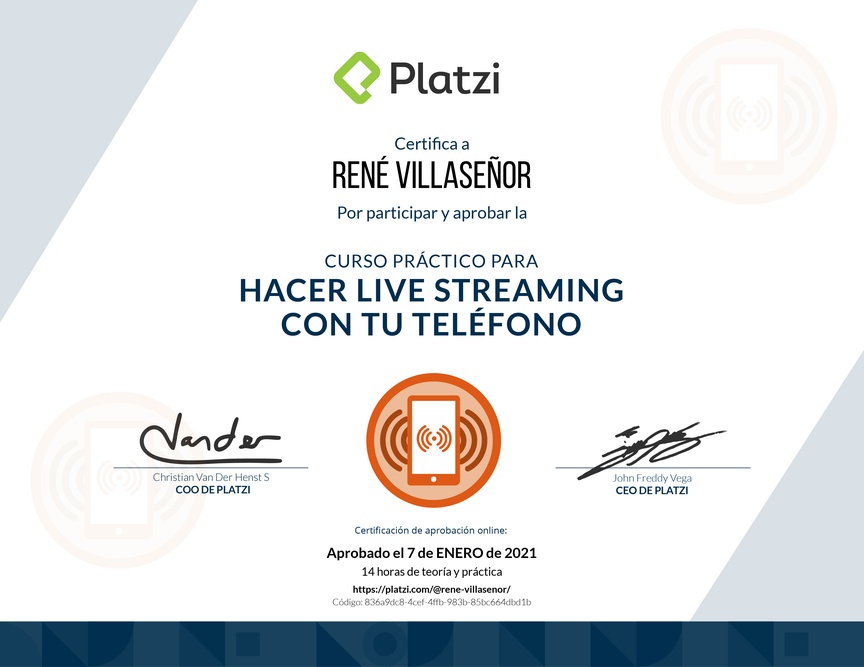 Diploma del Curso para Transmitir en vivo con tu Teléfono